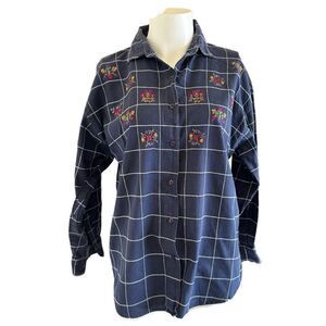 Maggie & Max L 100% cotton plaid floral embroidered button up shirt blue pinstri
